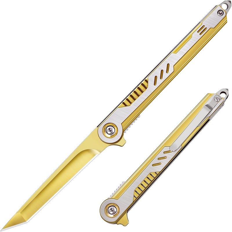 FUNBRO Cool Pocket Knife Gifts for Men, EDC Tanto Blade Folding Knives with Clip, Flipper Open Survival Knife with Window Breaker and Liner Lock for Outdoor Camping (Gold) - Image 1